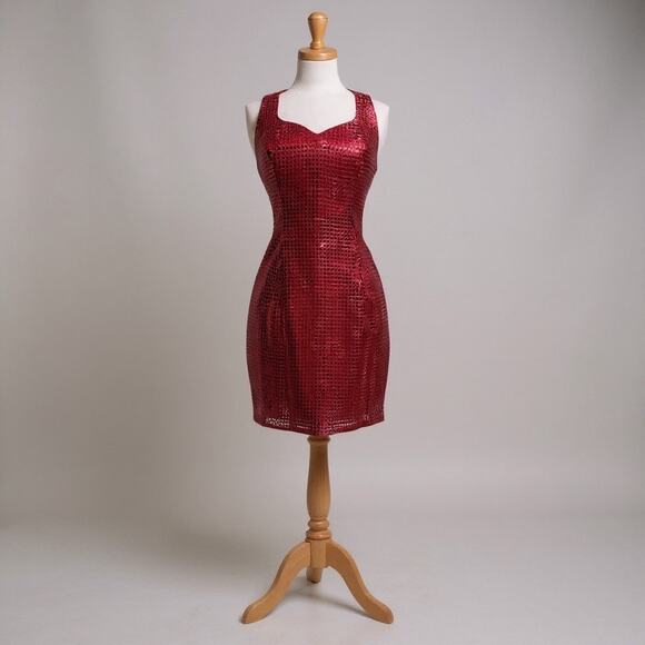 VTG 90s Y2K Roberta Red Sequins Mini Dress Sz 3/4 Sweetheart Neck Bodycon Glam - Picture 1 of 10